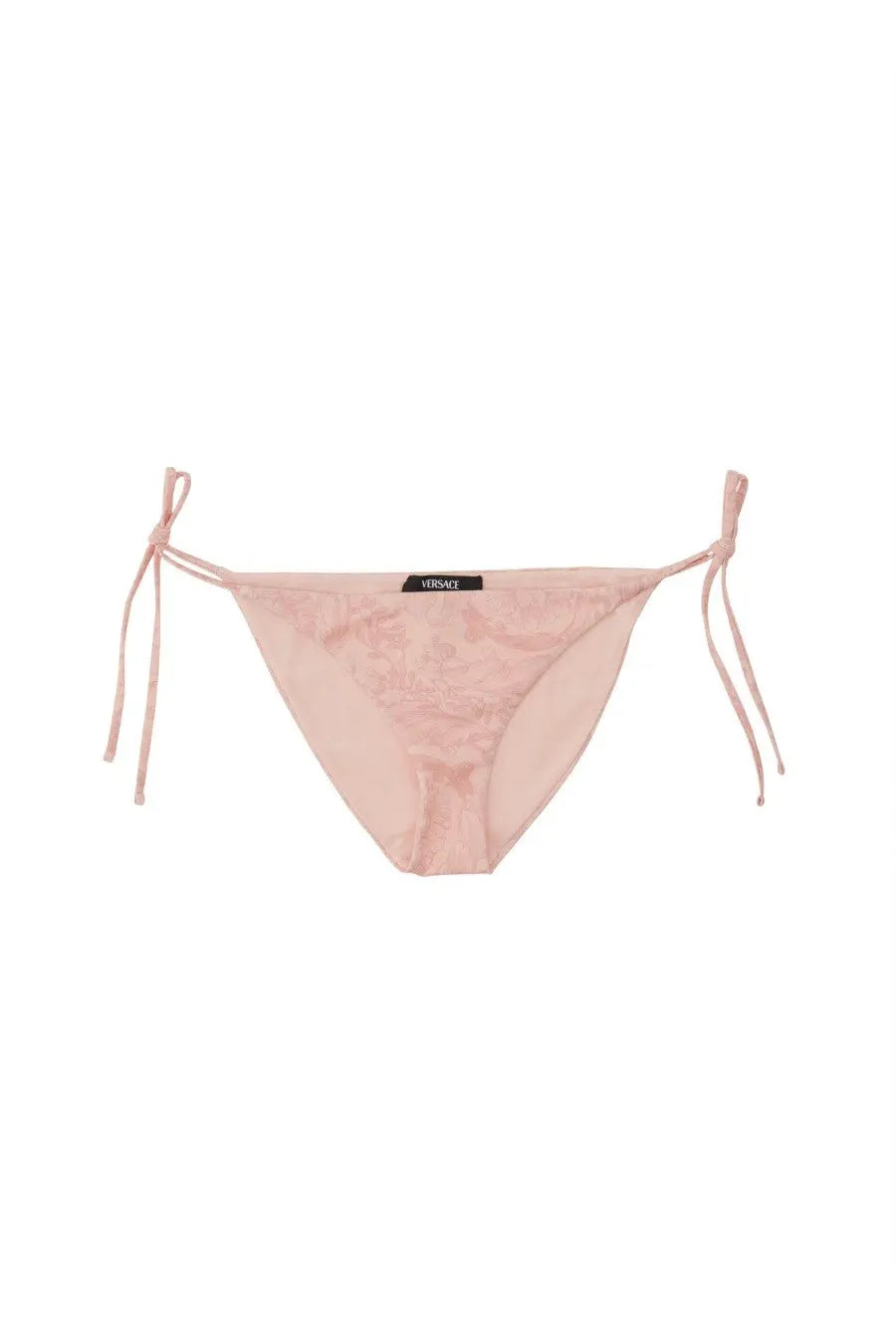 Versace women’s delicate pink lace bikini bottom with tied side strings and subtle embroidered pattern