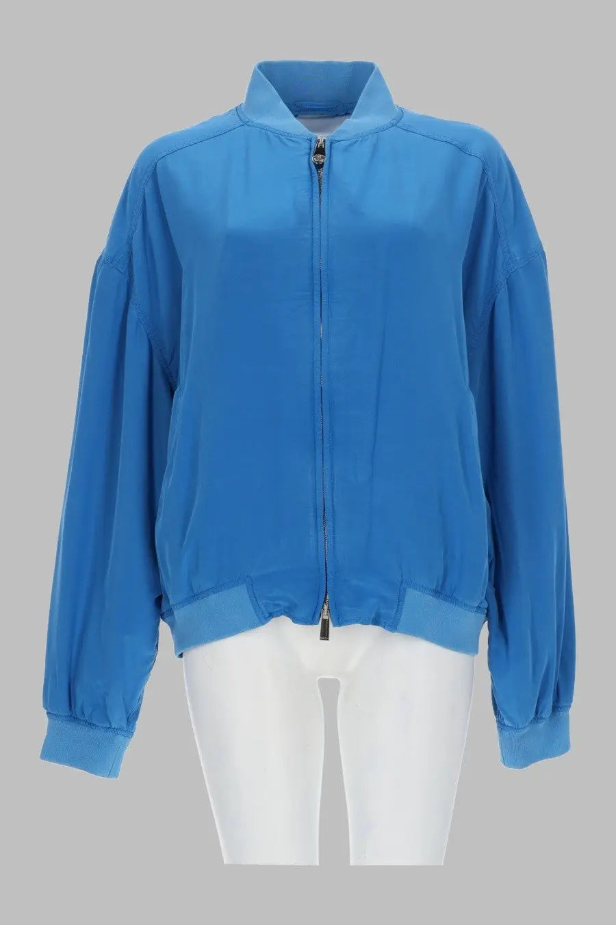 A vibrant blue satin-like versace women’s blouson con zip bomber jacket with ribbed cuffs and hem