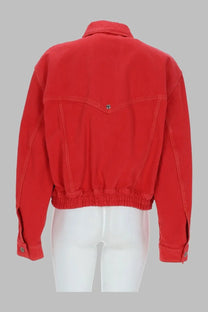 Versace women’s red denim blouson jacket with elastic waistband and buttoned cuffs front view