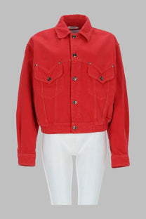 Versace women’s blouson red cropped denim jacket with silver buttons and two front flap pockets