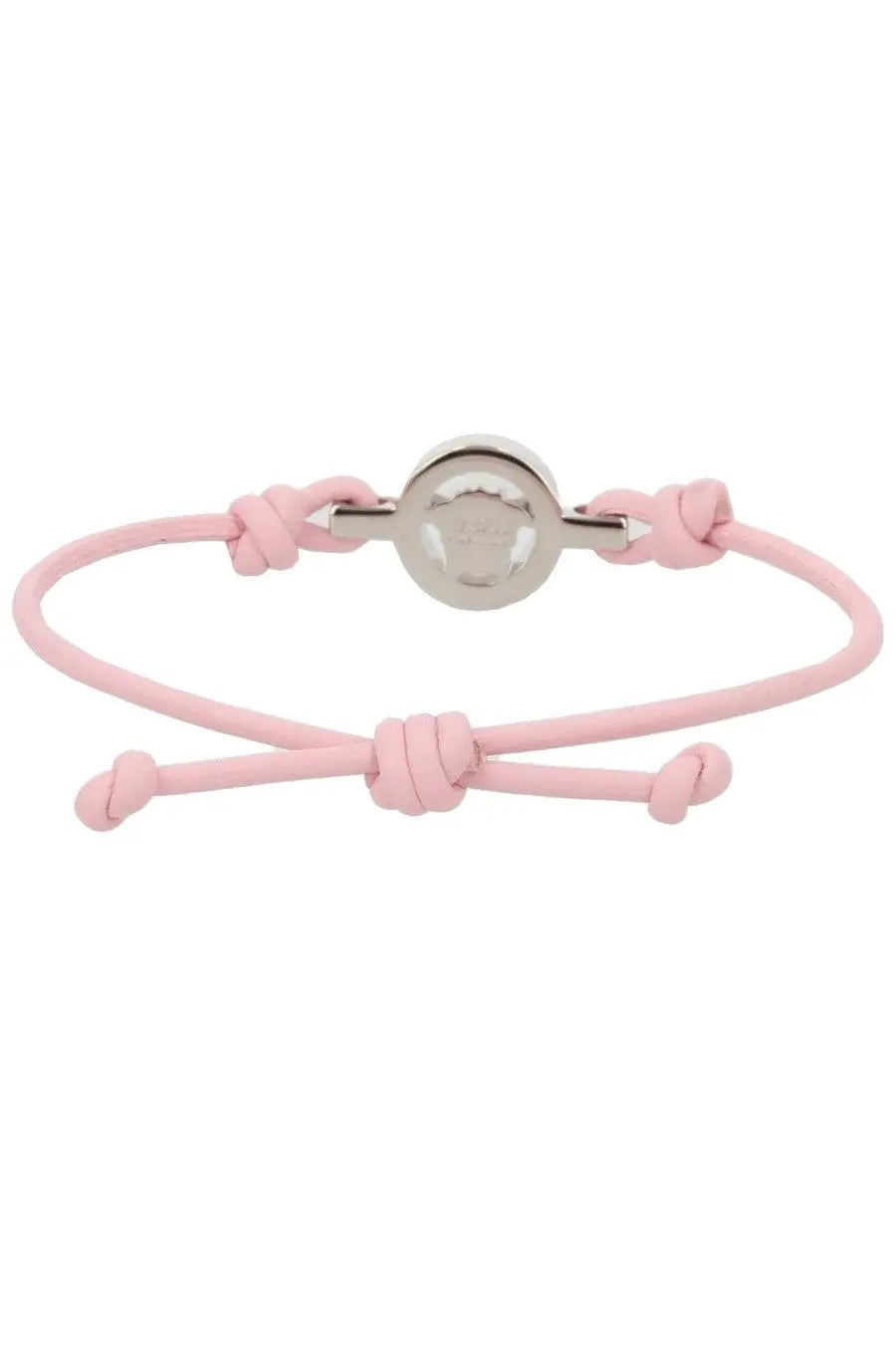 Pink leather cord bracelet with silver-toned circular clasp and embossed versace logo for women