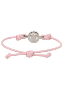 Pink leather cord bracelet with silver-toned circular clasp and embossed versace logo for women