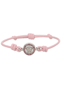 Versace women’s pink leather bracelet with silver medusa head charm surrounded by pink crystals