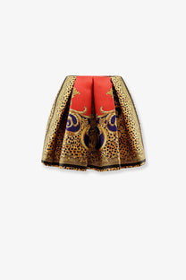 Versace women’s cheetah barocco silk duchesse skirt in vibrant red and gold leopard print with blue accents and pleats
