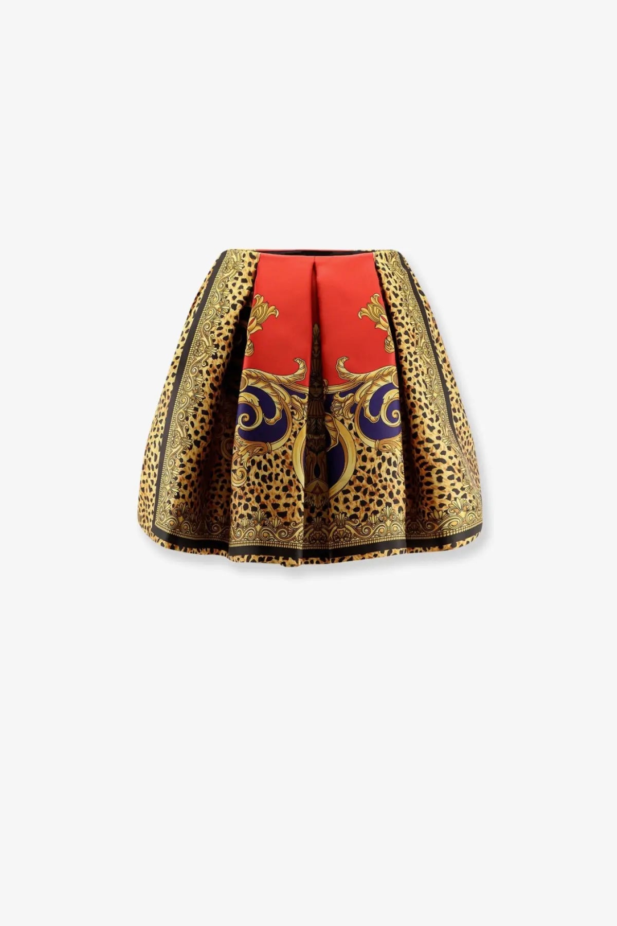 Versace women’s vibrant red silk duchesse mini skirt with leopard print border and gold blue baroque embroidery
