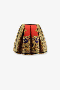 Versace women’s vibrant red silk duchesse mini skirt with leopard print border and gold blue baroque embroidery