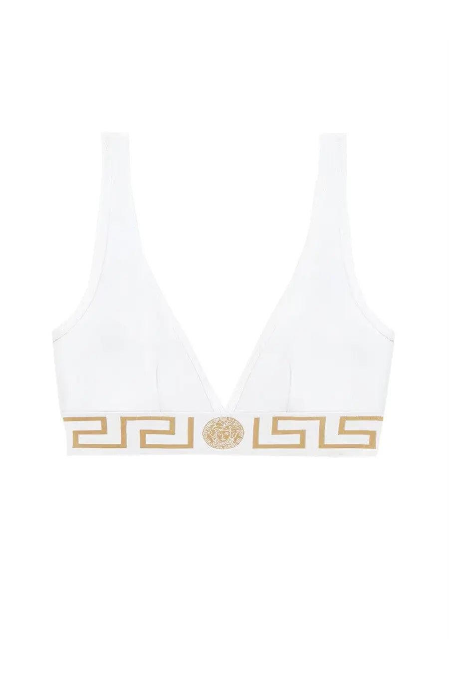 Versace women’s white cotton jersey triangle bralette with gold Greek key pattern and Medusa head emblem