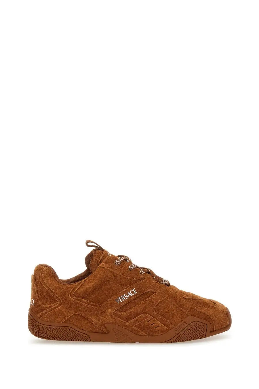 Versace women’s Galaxia sneaker in brown suede with textured geometric design and matching laces