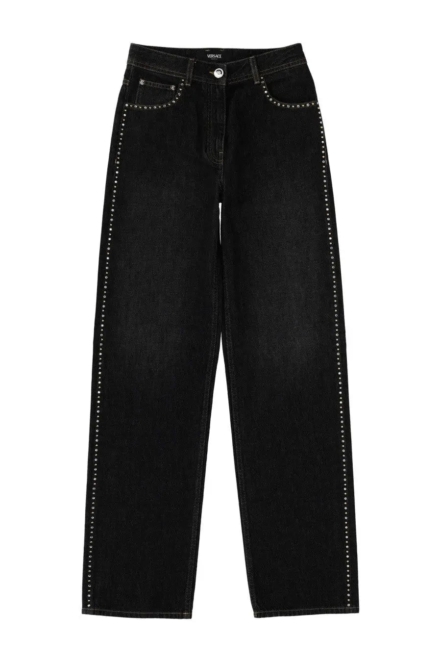 Versace women’s black denim jeans with silver studs along side seams and pockets featuring high-rise waistband