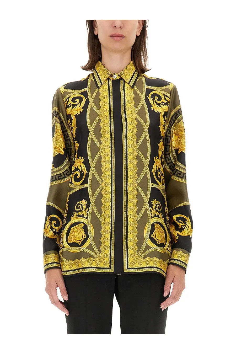 Versace women’s long-sleeved black and gold satin shirt with medusa head and baroque patterns multicolor design