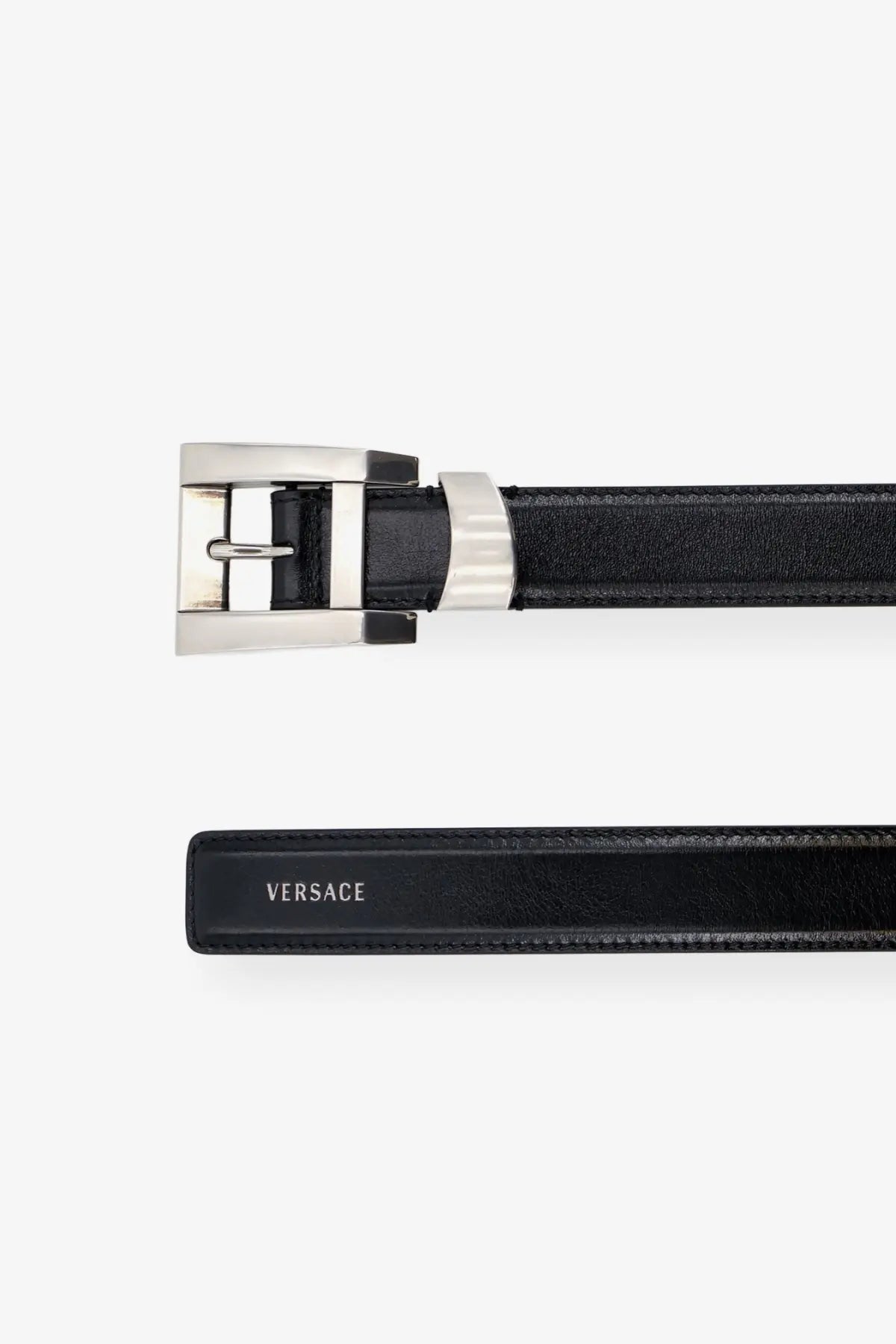 Versace womens black leather belt with silver buckle