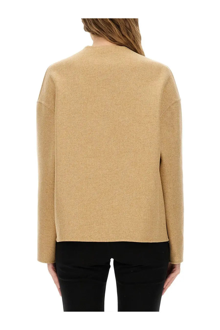 Versace women’s beige medusa buttoned jacket knit sweater with relaxed fit and long sleeves