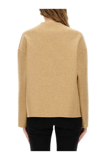 Versace women’s beige medusa buttoned jacket knit sweater with relaxed fit and long sleeves