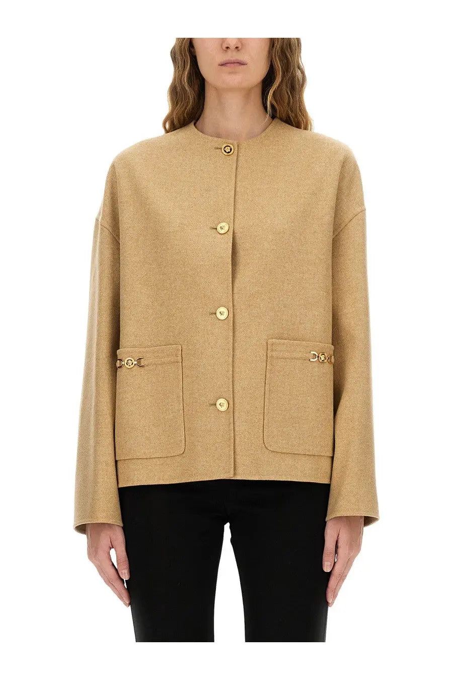 Beige wool-blend versace women’s medusa buttoned jacket with gold-tone buttons and logo-embellished flap pockets