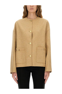 Beige wool-blend versace women’s medusa buttoned jacket with gold-tone buttons and logo-embellished flap pockets