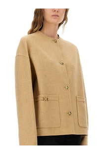Versace women’s beige wool-blend coat with gold-tone buttons and front flap pockets Medusa buttoned jacket