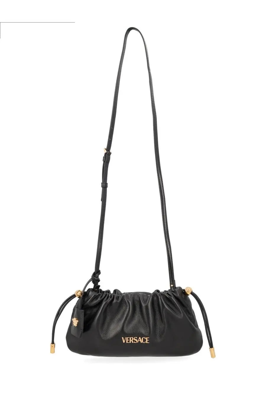 Versace women’s mini Versace tag bag black leather shoulder bag with gold-tone hardware and drawstring closure