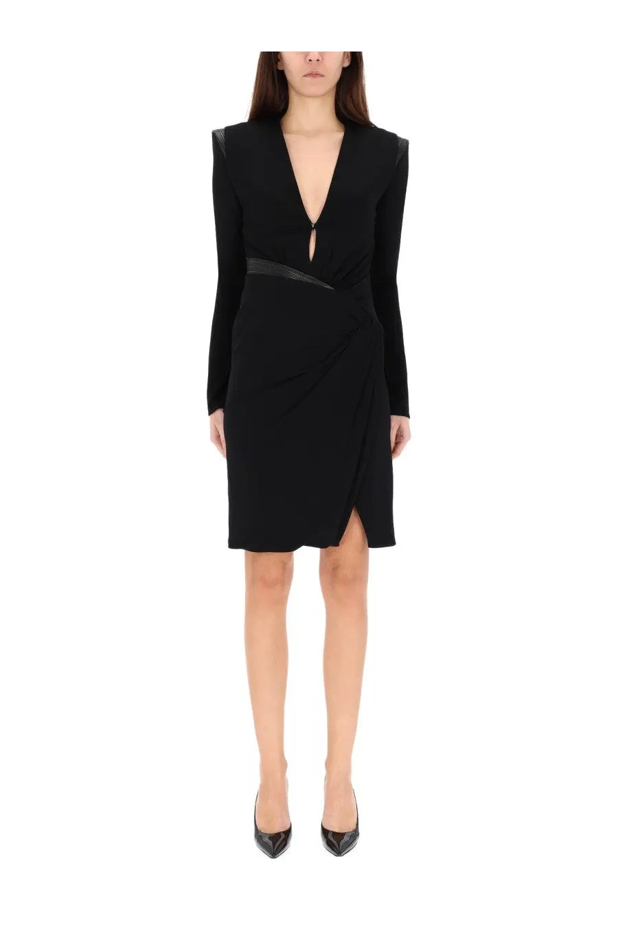 Versace womens black long sleeved mini dress with deep v neckline asymmetrical hem and side slit