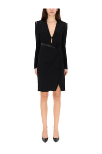 Versace womens black long sleeved mini dress with deep v neckline asymmetrical hem and side slit