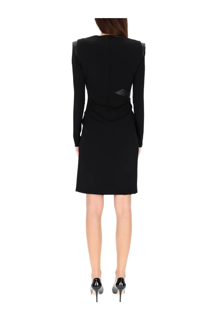 Versace women’s black neck mini dress with sleek long sleeves and subtle geometric shoulder detailing