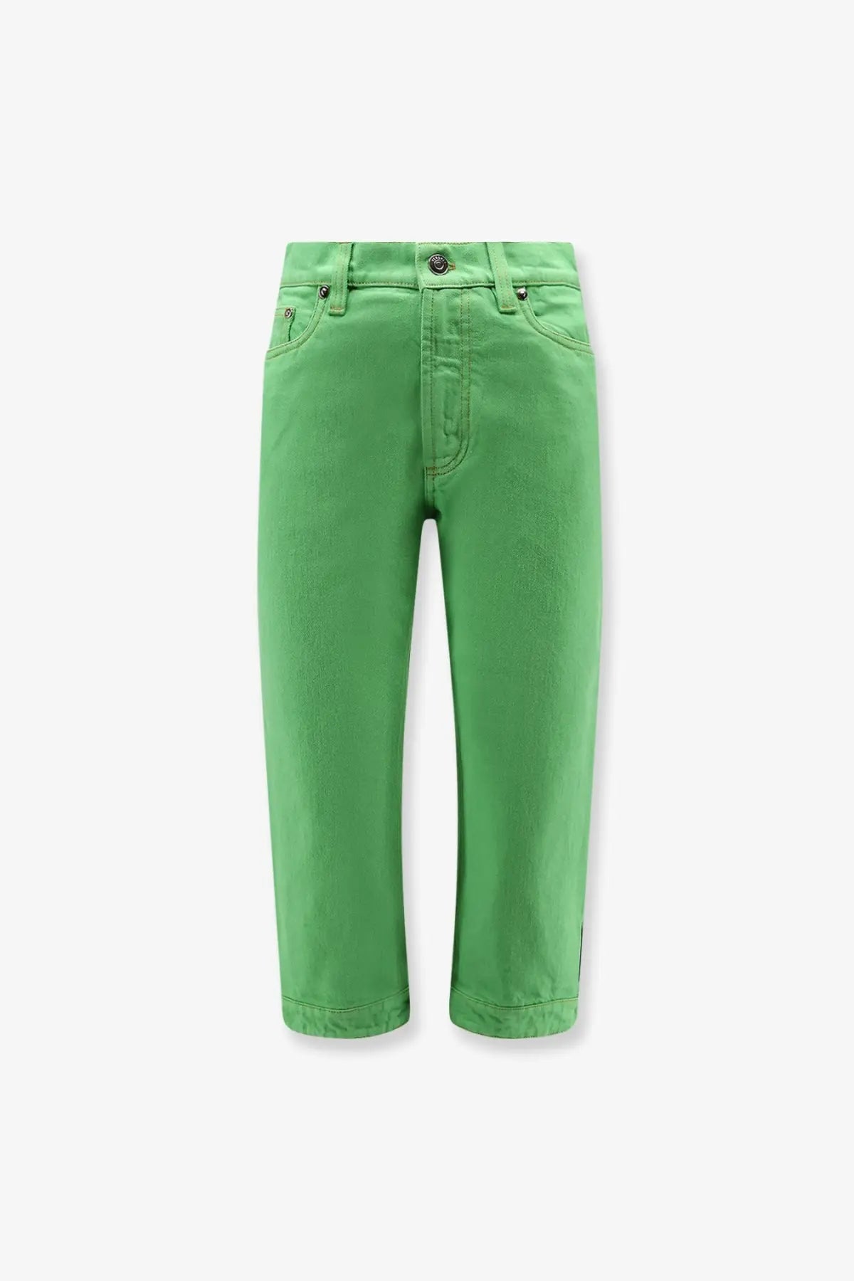 Versace women’s green bright denim capri pants made of non stretch cotton with classic five pocket design and button closure