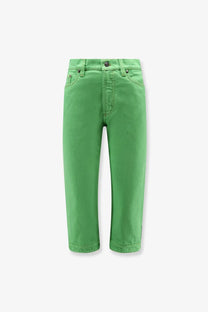 Versace women’s green bright denim capri pants made of non stretch cotton with classic five pocket design and button closure
