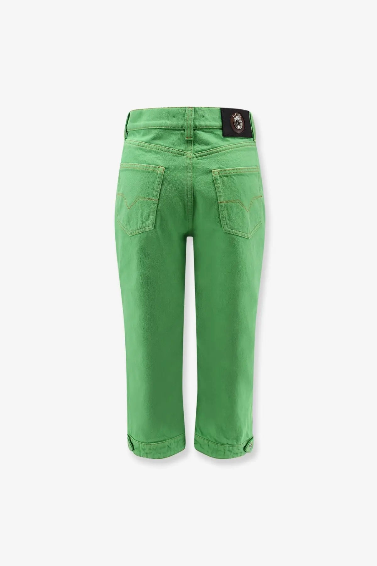Versace women’s green non stretch cotton denim capri pants with rolled cuffs and black brand patch at waistband back view