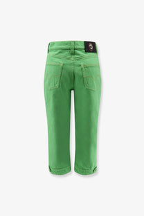 Versace women’s green non stretch cotton denim capri pants with rolled cuffs and black brand patch at waistband back view