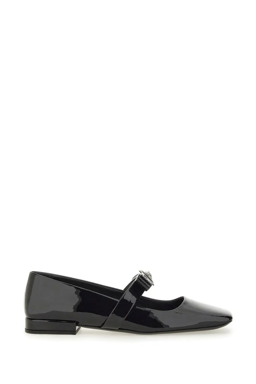 Versace women’s patent leather mary jane flat shoe in black with silver-toned buckle detail