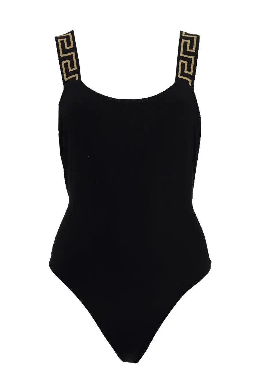 Versace women’s black one-piece swimsuit with gold greek key patterned shoulder straps for stylish beachwear