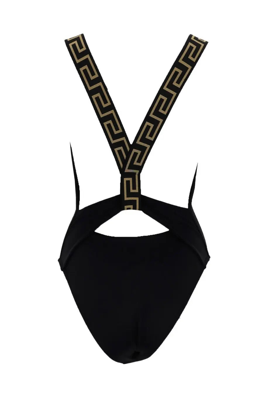 Versace women’s black one piece swimsuit with gold greek key patterned suspenders made from stretch fabric