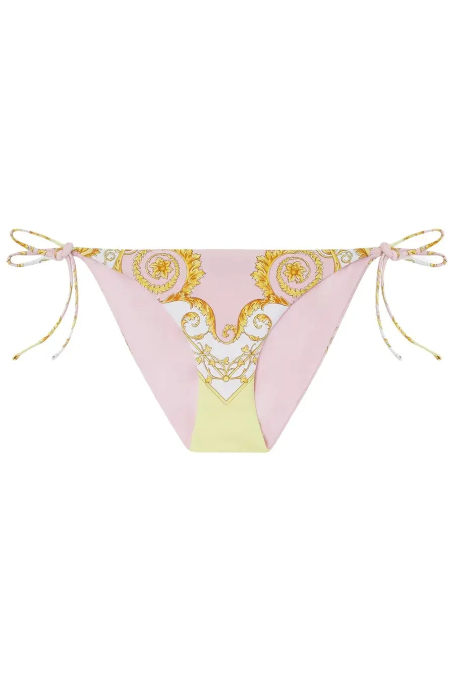 Versace women’s multicolor bikini bottom in pink and pale yellow with gold baroque pattern and tied side ties