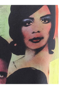 A stylized pop art portrait on versace women’s printed gold silk twill midi skirt with bold black hair and red lips