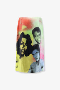 Versace women’s printed silk twill midi skirt with bold pop art faces on red yellow and green gradient background