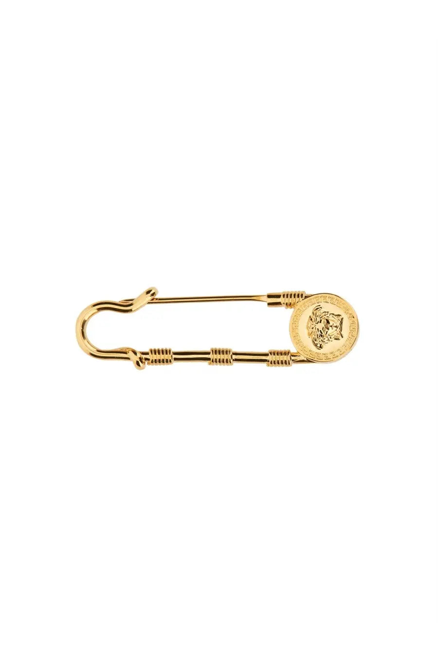 Versace women’s gold safety pin brooch with circular medusa head medallion and twisted wire detailing