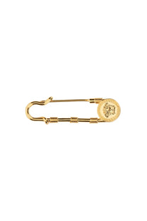 Versace women’s gold safety pin brooch with circular medusa head medallion and twisted wire detailing