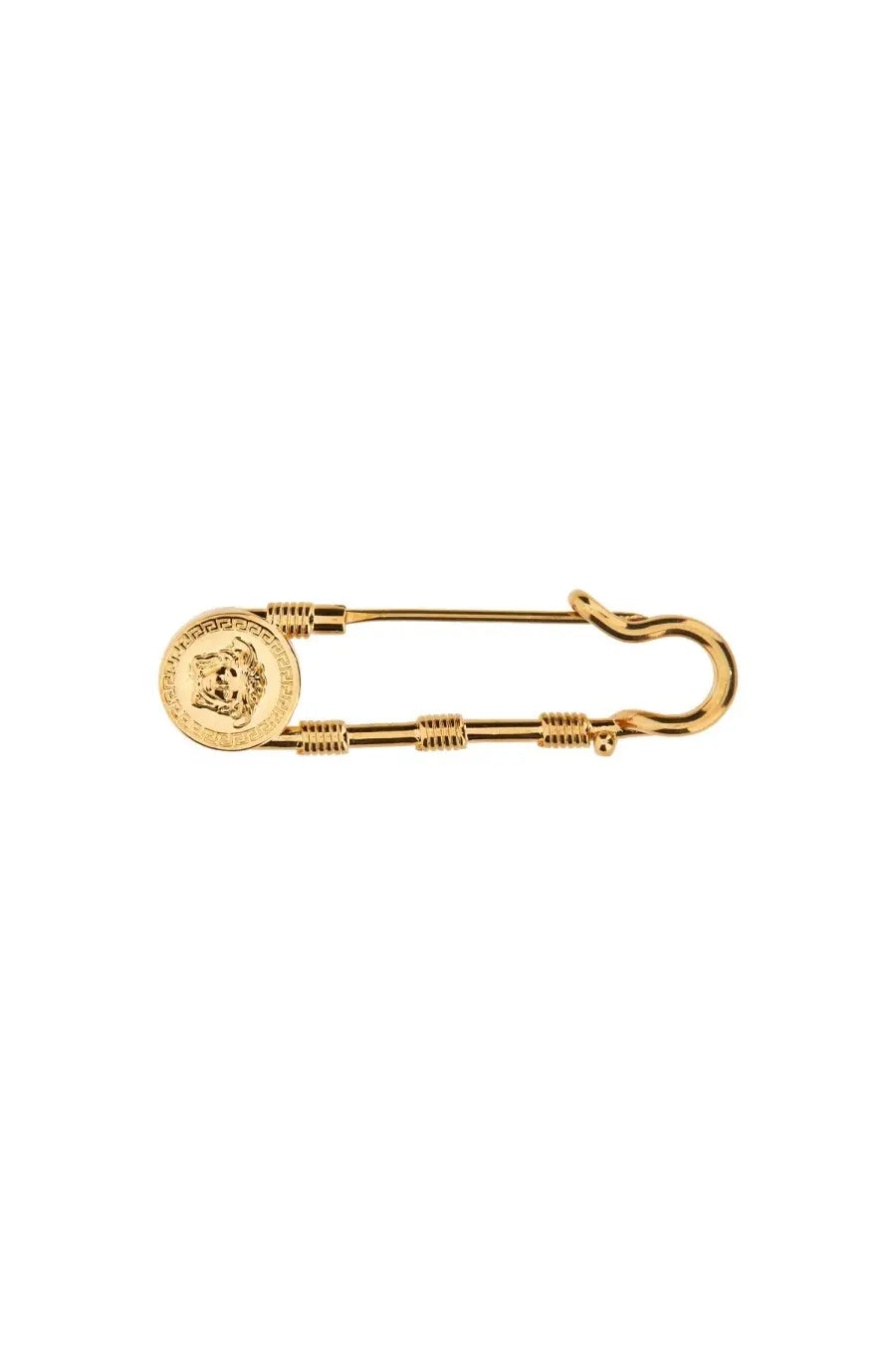 Versace women’s gold safety pin featuring a medusa head medallion and twisted wire detailing