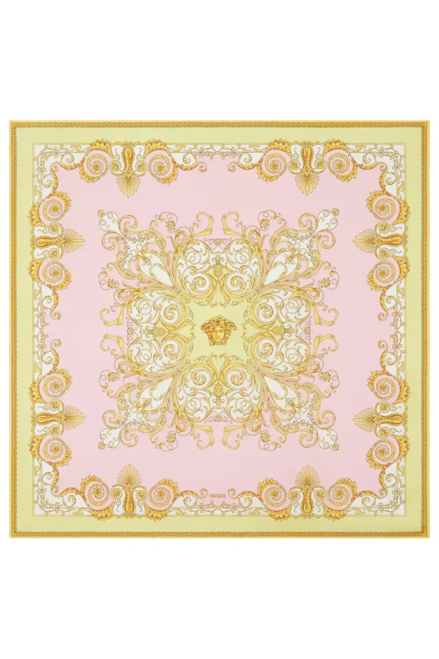 Versace women’s multicolor scarf featuring a pink base with gold and white ornate baroque patterns and a medusa head motif
