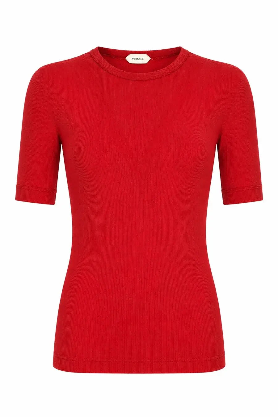 A vibrant red ribbed knit short-sleeved versace shirt in lana coste with ricamo and a classic crew neckline