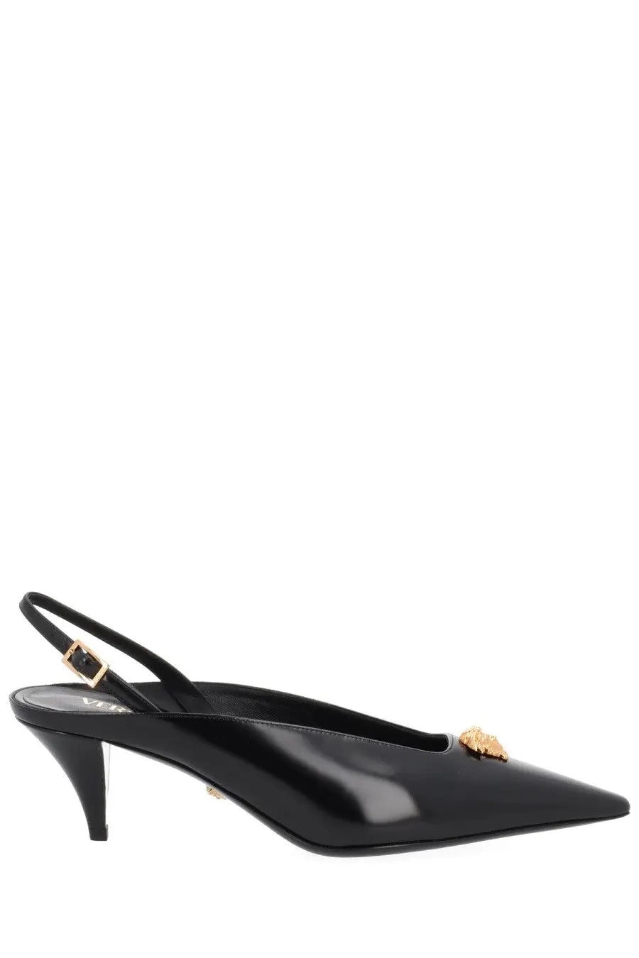Versace women’s jellyfish black slingback pump in black patent leather with gold medusa head and slender heel