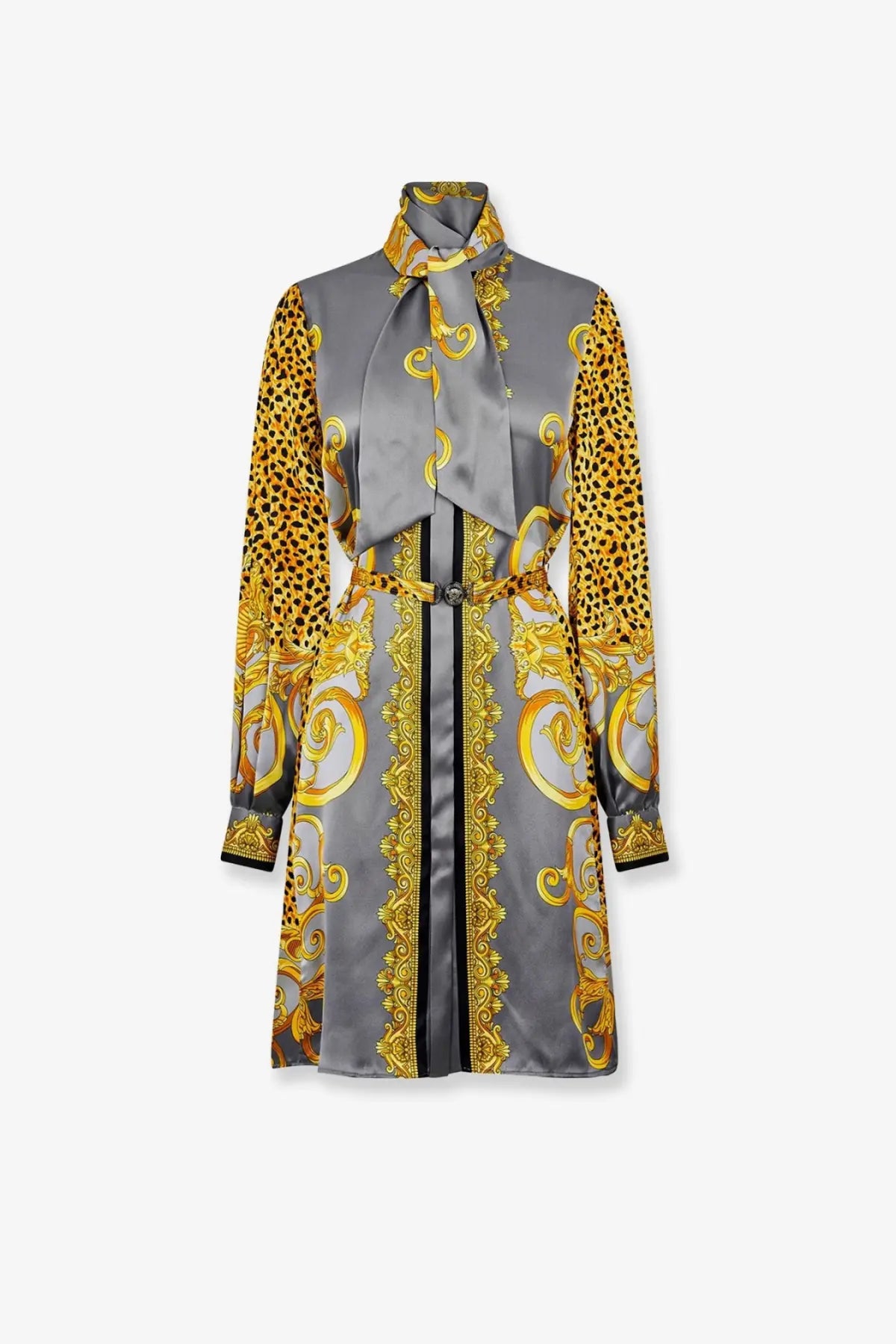 Versace women’s silk chemisier dress in grey satin with gold baroque patterns and leopard print sleeves with tied collar and belt