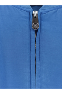 Versace women’s azur blue quilted silk jacket with silver medusa head zipper pull