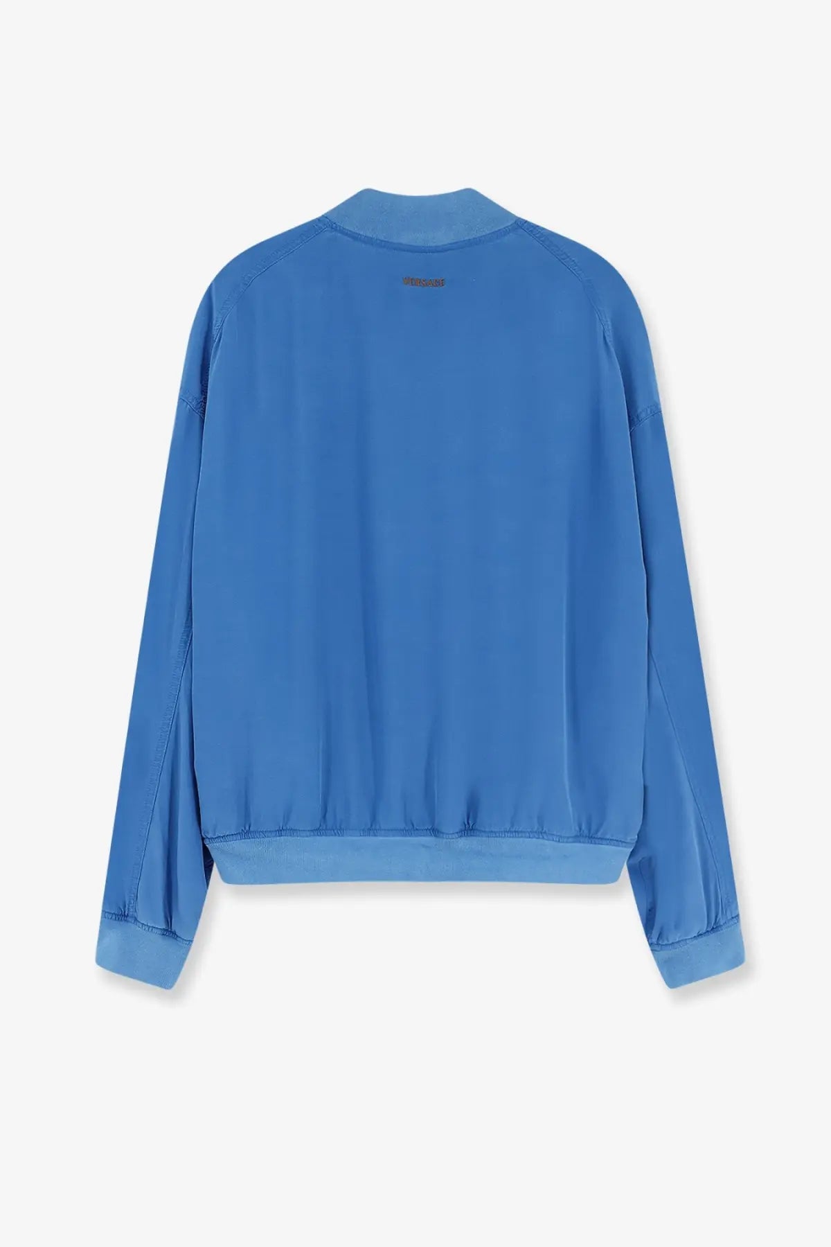 Versace women’s solid blue bomber jacket with smooth lightweight silk fabric and subtle seam detailing