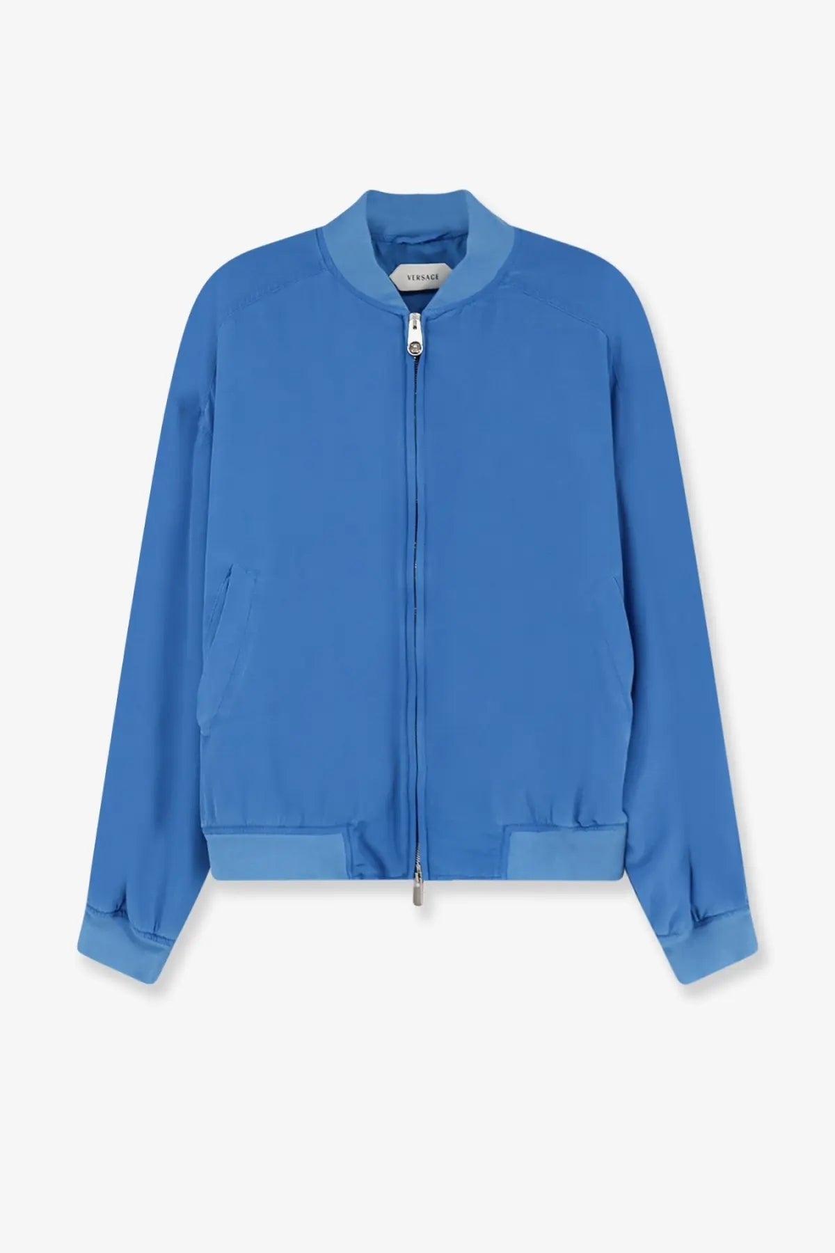 Versace women’s silk bomber jacket azur in vibrant blue with a sleek modern design and subtle ribbed cuffs
