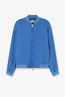 Versace women’s silk bomber jacket azur in vibrant blue with a sleek modern design and subtle ribbed cuffs