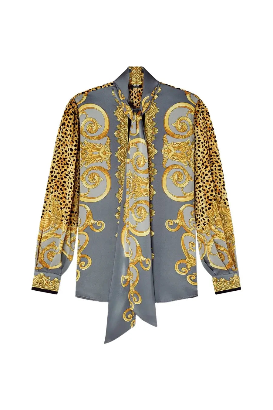 Versace women’s grey silk blouse with gold baroque patterns and leopard print sleeves featuring tie-front design