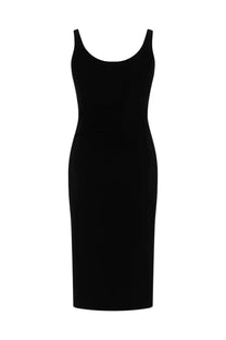 Versace women’s black sleeveless midi dress with fitted silhouette and rounded neckline perfect for elegant occasions