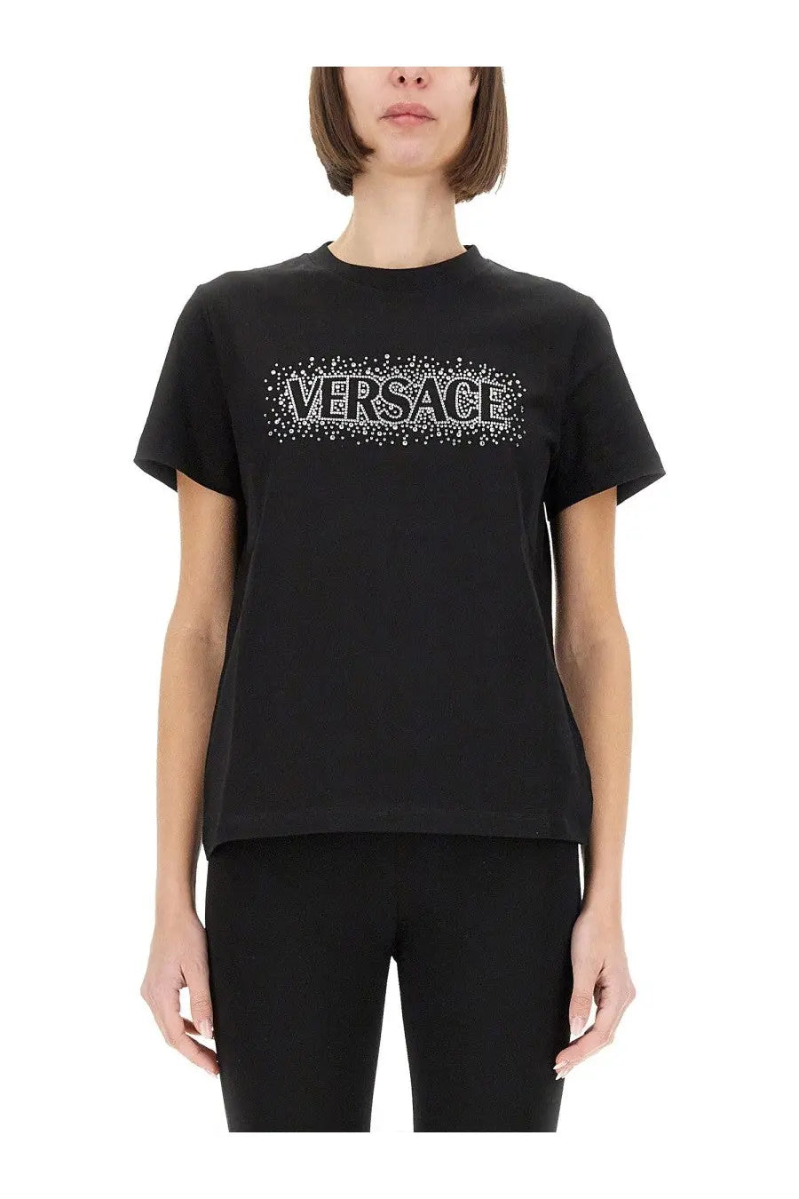 Black versace women’s t shirt with a sparkling silver logo across the chest in starry sky design