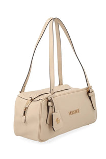 Versace women’s beige leather bag with gold-tone hardware and logo tag in white collection