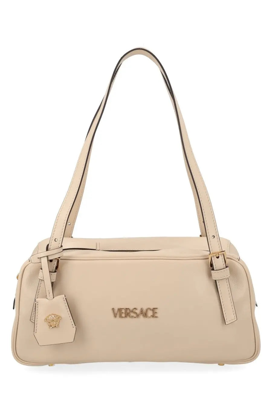 Beige leather versace women’s tag bag with gold-tone logo and medusa head charm in white style